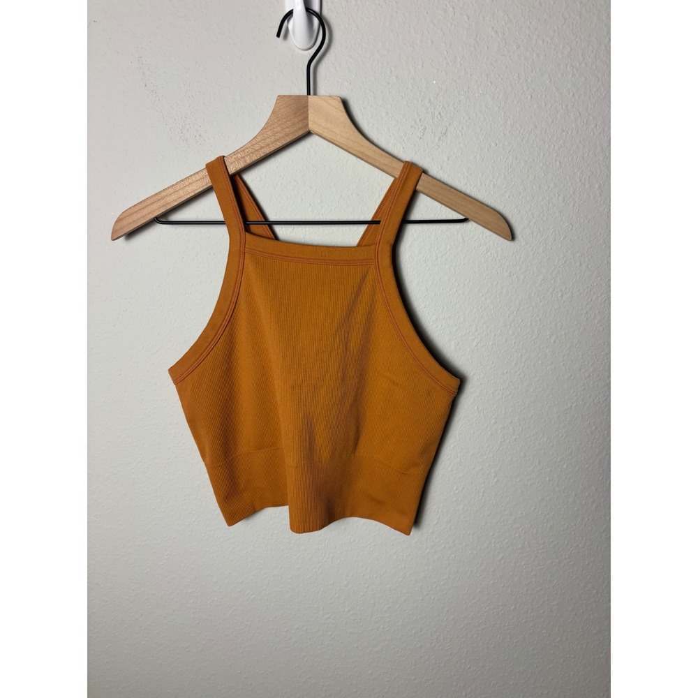 Athleta Aurora High Neck V Back Crop Tank Burnt Orange Ribbed Yoga Top Large